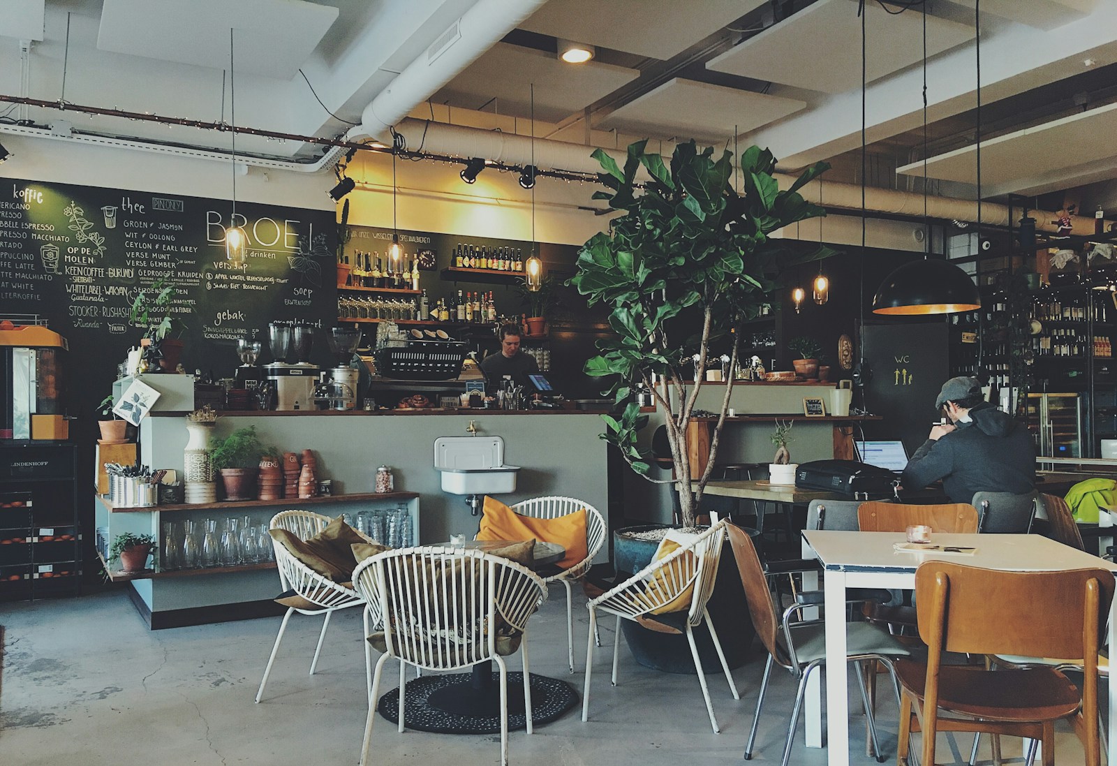 Illustrative café interior with chairs, plants and a coffee counter